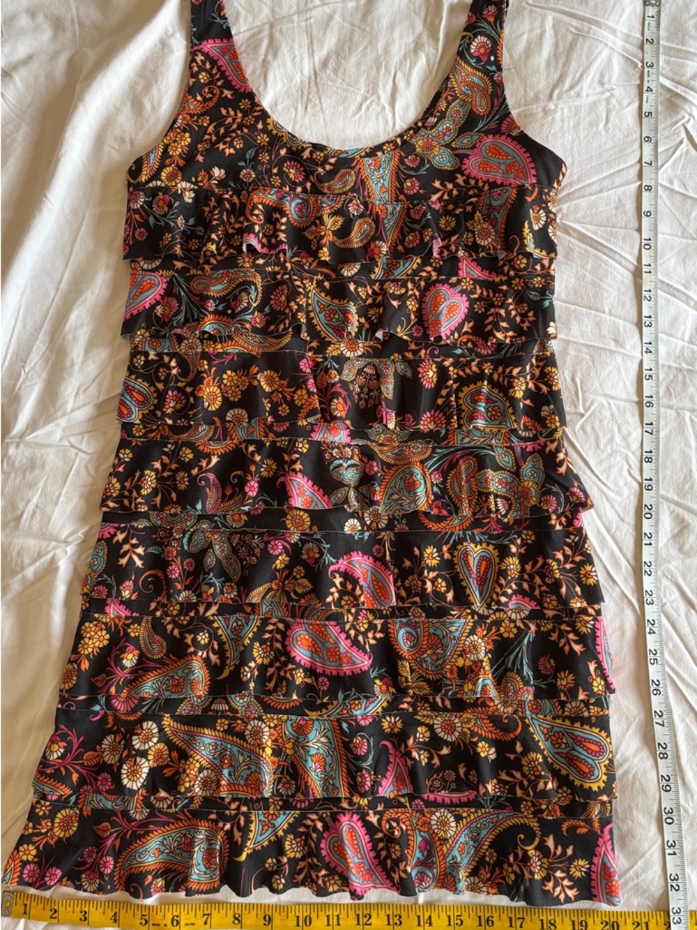 ISLE Apparel Black Paisley Mini Dress with Orange & Teal Accents